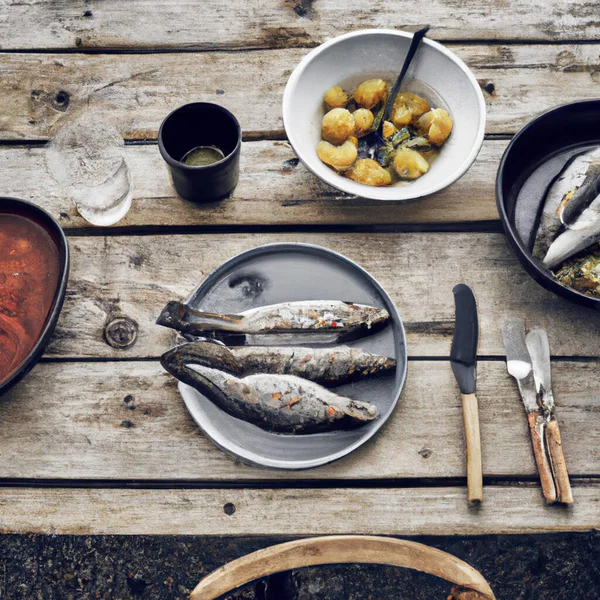 stock image Food illustration of baked fish and vegetables on a timber table.