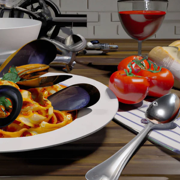 Food Illustration Mussels Marinara Tomato Sauce Fettuccine — Stock Photo, Image
