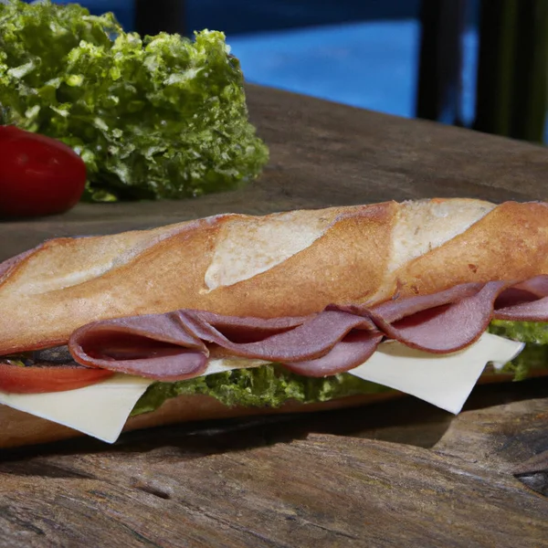 デリハム レタス 玉ねぎ チーズで作られた長い潜水艦パンサンドイッチの食品イラスト — ストック写真