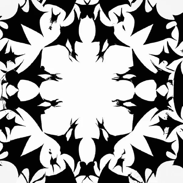 A fashionable fabric swatch illustration with a seamless pattern of black geometric mandela elements on white within a square.