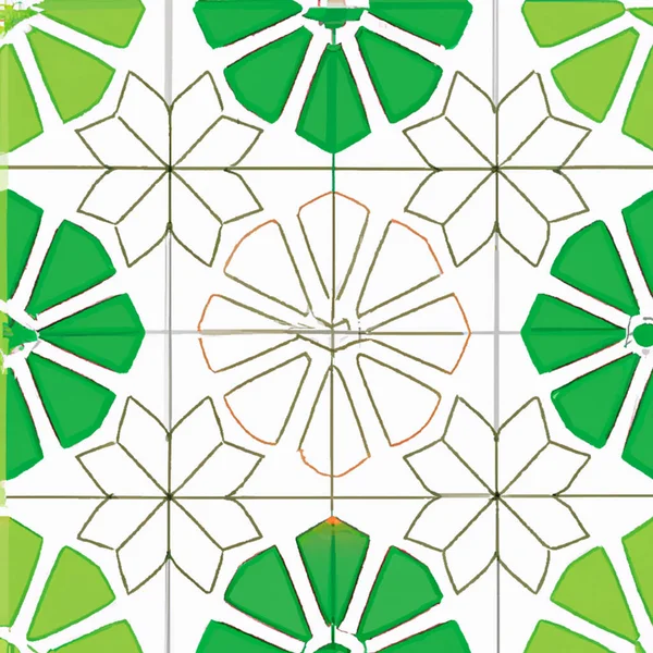 A fashionable fabric swatch illustration with a seamless pattern of green and white geometric mandela elements on white within a square.