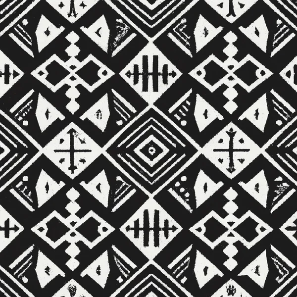 A fashionable fabric swatch illustration with a seamless pattern of black geometric mandela elements on white within a square.