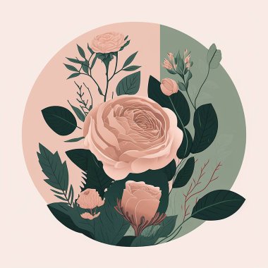 Drawing illustration of a circle of flowers in pastel colors.