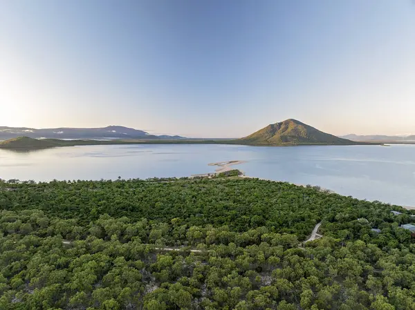 Yeşil bitki örtüsü, sakin deniz ve yumuşak sabah ışığı ile geniş kıyı manzarası.
