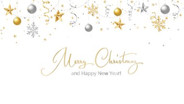 Noel afişi. Altın ve gümüş madalya. Zarif Mutlu Noeller el yazısı. Tatil sınırı, çerçeve. Şenlikli vektör arka planı. Parlak yıldızlı çelenk. Yeni yıl başlıkları ve parti posterleri için