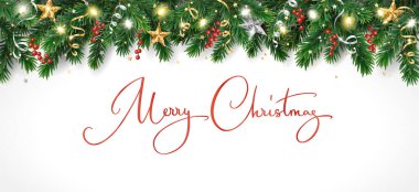 Süslemeli ve harfli bir bayram afişi. Noel ağacı sınırı, ışık çelengi. Beyaz üzerine şenlikli çerçeve. Kutlama vektörü arka planı. Kış sezonu başlıkları, yeni yıl parti posterleri