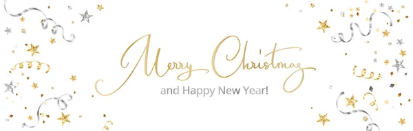 Bannière Décoration Noël Joyeux Noël Texte Dessiné Main Confettis Tombants — Image vectorielle