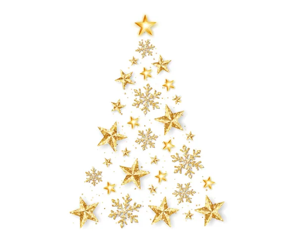 Weihnachtsbaumform Aus Goldenen Glitzerstern Und Schneeflocken Feiertagsdekoration Isoliert Auf Weiß — Stockvektor
