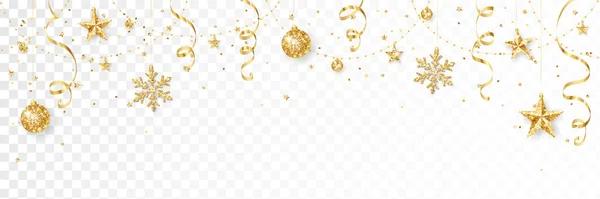 ホリデーデコレーション クリスマスゴールドグリッターフレーム 白で隔離されたお祝いのベクトル背景 ゴールデンオーナメント 星と雪片を持つガーランド クリスマスと新年のバナー ヘッダー — ストックベクタ