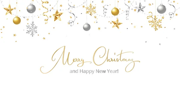 Banner Navidad Decoración Oro Plata Elegante Caligrafía Feliz Navidad Frontera — Archivo Imágenes Vectoriales