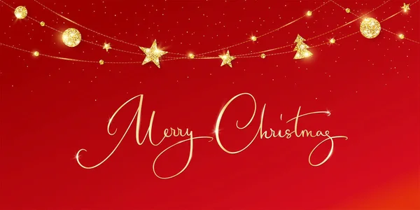 クリスマスバナー 赤い背景にゴールデン グリッターの装飾 手書きのメリークリスマステキスト ホリデーボーダー ベクターフレーム 星とガーランドのお祝い 新年カード ヘッダー パーティーフライヤー — ストックベクタ