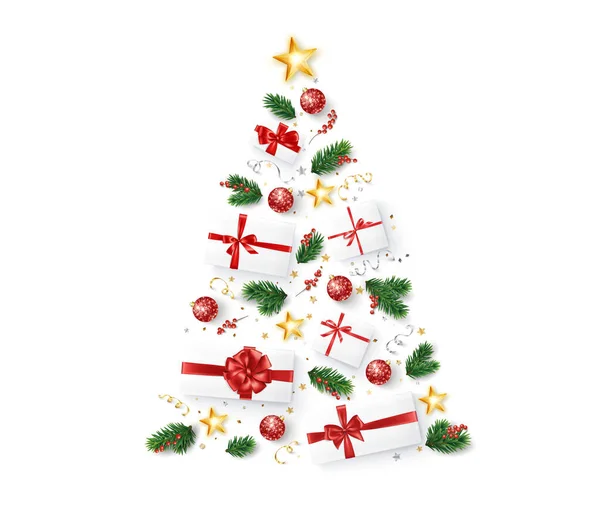 Karácsonyfa Ajándékokból Díszekből Fenyőágakból Ünnepi Dekoráció Elszigetelt Fehér Ajándékdoboz Piros — Stock Vector