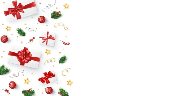 Weihnachten Hintergrund Grenze Realistische Vektor Flach Lag Geschenke Mit Roten — Stockvektor