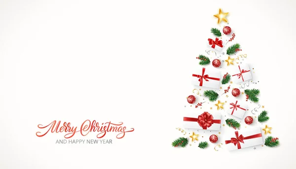 Noel Tatili Afişi Noel Ağacı Hediyelerden Süslerden Köknar Ağacı Dallarından — Stok Vektör