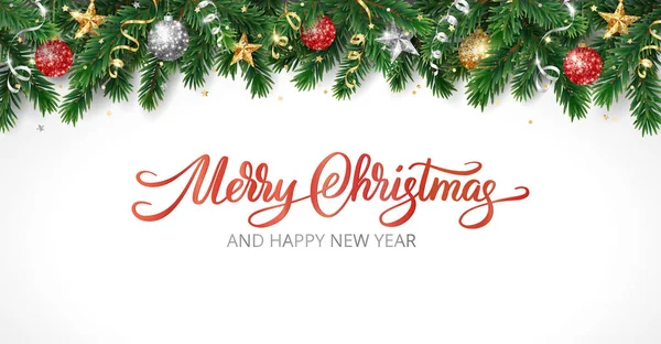 Noel Tatili Afişi Süslü Noel Ağacı Çerçevesi Altın Kırmızı Parıltılı — Stok Vektör