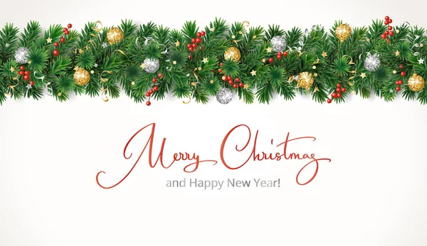 크리스마스 텍스트와 흰색에 소나무 크리스마스 장식품 포스터 프로모션을 테두리 — 스톡 벡터