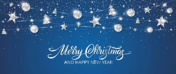 装飾が付いているベクトル クリスマスの旗 青い背景にスパークリングシルバーの装飾 メリークリスマスの手書きのテキスト ホリデーフレーム ヘッダー パーティーポスターのためのグリッターガーランド — ストックベクタ