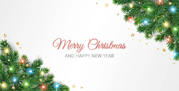 Cartão Natal Com Decoração Canto Árvore Natal Luzes Coloridas Fronteira —  Vetores de Stock