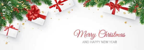 Χριστουγεννιάτικο Πανό Στολισμένα Κλαδιά Ελάτης Και Παρουσιάζει Λευκό Φόντο Κουτιά — Διανυσματικό Αρχείο