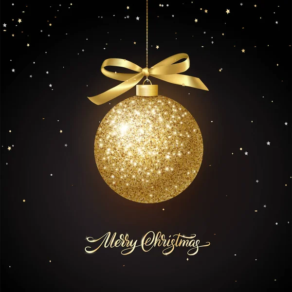 クリスマスカード ストリングにぶら下がった金色の輝くクリスマスボール メリークリスマスカリグラフィー 落ちる セッティ 新年のバナー ホリデーフライヤー パーティー招待のため — ストックベクタ