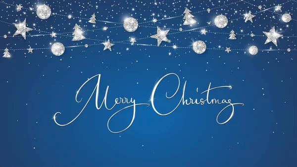 装飾が付いているベクトル クリスマスの旗 青い背景にスパークリングシルバーの装飾 メリークリスマスの手書きのテキスト ホリデーフレーム ヘッダー パーティーポスターのためのグリッターガーランド — ストックベクタ
