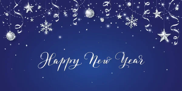 Χριστουγεννιάτικο Πανό Διακόσμηση Ασημί Glitter Χειρόγραφο Κείμενο Ευτυχισμένο Νέο Έτος — Διανυσματικό Αρχείο