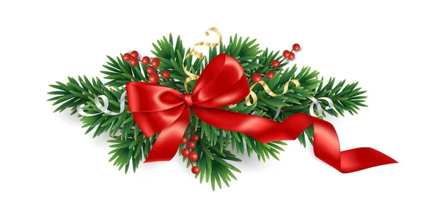 Χριστουγεννιάτικο Τόξο Και Σύνορα Δέντρων Απομονωμένο Διάνυσμα Κόκκινη Κορδέλα Κλαδιά — Διανυσματικό Αρχείο
