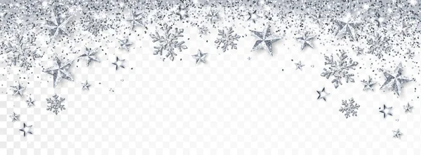 ホリデースパークリングシルバーデコレーション 輝く塵 雪片が落ちる クリスマス国境 お祝い冬のベクターの背景 新年のヘッダー バナー パーティーポスター — ストックベクタ