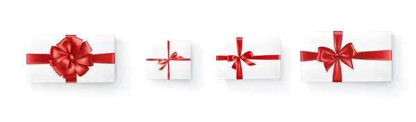 Realistiska Vektor Presentförpackningar Med Röda Band Isolerade Vit Bakgrund Julklappar — Stock vektor