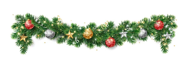 Weihnachtsdekoration Tannengirlande Trennwand Gold Und Roter Glitzerschmuck Funkelnde Kugeln Sterne — Stockvektor