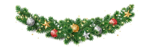 クリスマスの休日の装飾 ファイヤー ツリー ガーランド ダイバー 金と赤の輝きの装飾 スパークリングボール スター リボン 新年のバナー — ストックベクタ