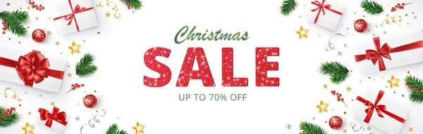 Karácsonyi Vásár Plakát Realisztikus Fenyőágak Ajándékok Ajándékdobozok Piros Szalaggal Eladott Jogdíjmentes Stock Illusztrációk