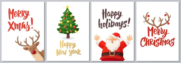 Sada Vánočních Přání Postavy Zimní Sezóny Kreslený Santa Claus Zdobený Stock Ilustrace