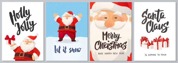 Karácsonyi Üdvözlőlapok Rajzfilm Mikulás Ajándékok Íjak Kézzel Írt Ünnepi Kívánságok Jogdíjmentes Stock Vektorok