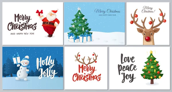 Sada Vánočních Přání Postavy Zimní Sezóny Kreslený Santa Claus Zdobený Royalty Free Stock Ilustrace