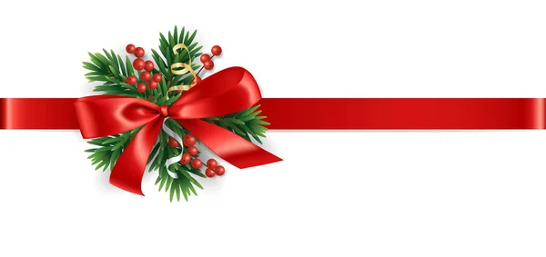 クリスマスの弓と木の境界 隔離されたベクトル 木の枝とホリーの果実が付いている赤いリボン 冬季と新年のギフトデコレーション バナー パーティーポスター ヘッダー用ホリデーディバイダー — ストックベクタ