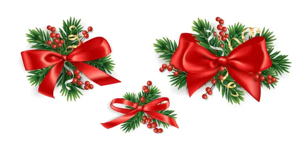 Χριστουγεννιάτικο Τόξο Και Σύνορα Δέντρων Απομονωμένο Διάνυσμα Κόκκινη Κορδέλα Κλαδιά — Διανυσματικό Αρχείο