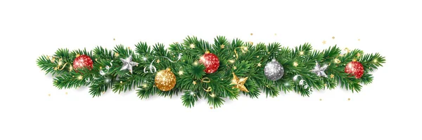 Weihnachtsdekoration Tannengirlande Trennwand Gold Und Roter Glitzerschmuck Funkelnde Kugeln Sterne — Stockvektor