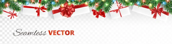 Weihnachtsdekoration Nahtloser Vektor Tannenzweige Geschenke Auf Weißem Hintergrund Geschenkschachteln Mit — Stockvektor