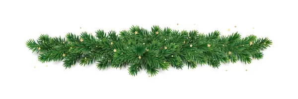 Weihnachtsbaumgirlanden Isoliert Auf Weiß Realistische Kiefernzweige Mit Goldenem Konfettischmuck Vektorrand — Stockvektor