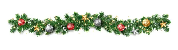 Χριστουγεννιάτικη Διακόσμηση Γιρλάντα Από Δέντρα Διαχωριστικό Χρυσά Και Κόκκινα Στολίδια — Διανυσματικό Αρχείο