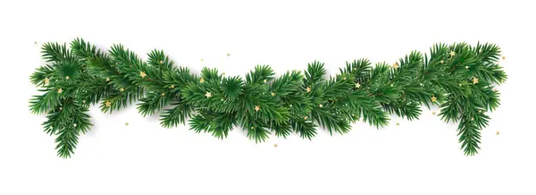 Weihnachtsbaumgirlanden Isoliert Auf Weiß Realistische Kiefernzweige Mit Goldenem Konfettischmuck Vektorrand — Stockvektor