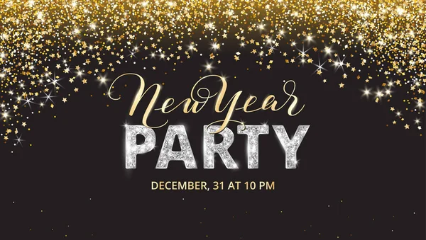 New year party banner. Sparkling silver glitter Party word. New year gold calligraphy. Falling gold glitter on black background. For winter holiday and Christmas flyers, posters, party invitations.