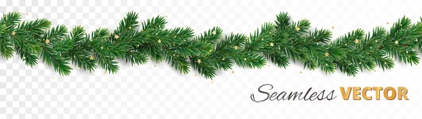 被白色隔离的无缝隙圣诞树花环 现实的松树分枝与金冠装饰 假日横幅 报头的媒介边界 — 图库矢量图片