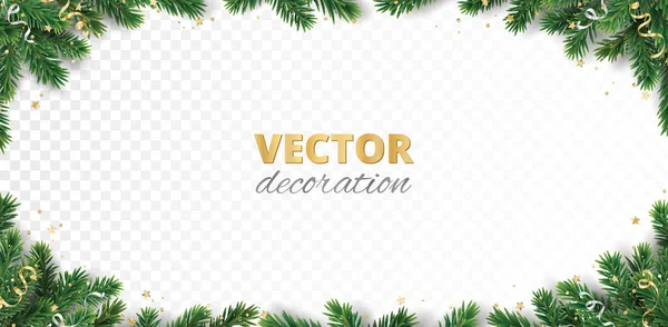 白で隔離されたクリスマスツリーコーナーの装飾 エバーグリーンツリーとリボンとセッティ お祝いの国境だ フレーム 現実的なベクトル ホリデーヘッダー バナー パーティーポスター — ストックベクタ