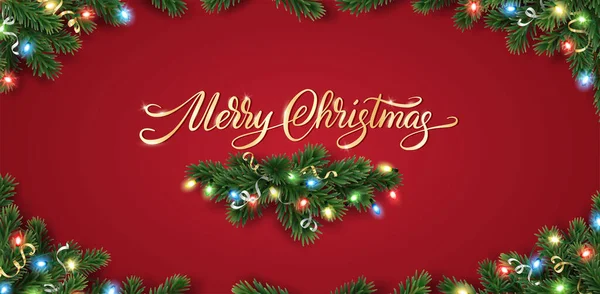 Cartão Natal Com Decoração Canto Árvore Natal Luzes Coloridas Letras —  Vetores de Stock