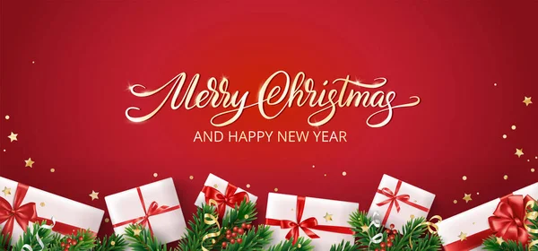 飾られた火の木の枝が付いているクリスマスの旗は赤い背景で提示します リボンが付いているギフト用の箱 メリークリスマスカリグラフィーテキスト 新年および休日のカード ヘッダー ギフトの証明書のため — ストックベクタ