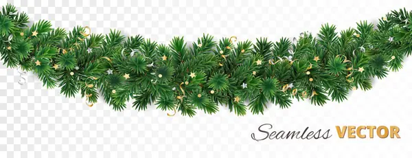 被白色隔离的无缝隙圣诞树花环 现实的松树分枝与金冠装饰 假日横幅 促销活动的媒介边界 — 图库矢量图片
