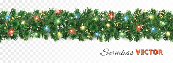 圣诞树上的花环被白色隔开了 可以无缝地横向重复 现实的松树枝条与圣诞灯饰 假日横幅 卡片的媒介边界 — 图库矢量图片