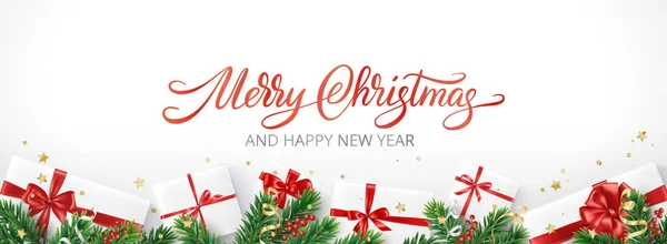 Karácsonyi Banner Díszített Fenyő Ágak Bemutatja Fehér Háttér Ajándékdobozok Piros Jogdíjmentes Stock Illusztrációk